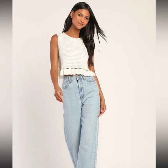 Lulu's Cream Ribbed Ruffled Crop Tank Top - Picture 3 of 11